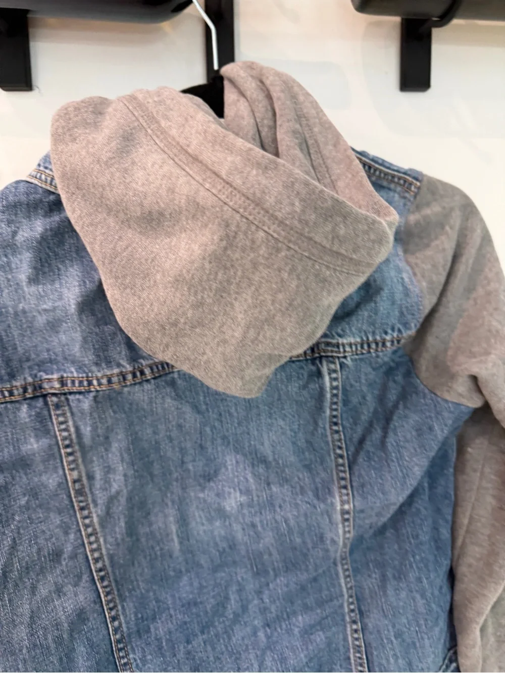 Abercrombie & Fitch Denim Jean Jacket with Gray Hooded Knit Sleeves